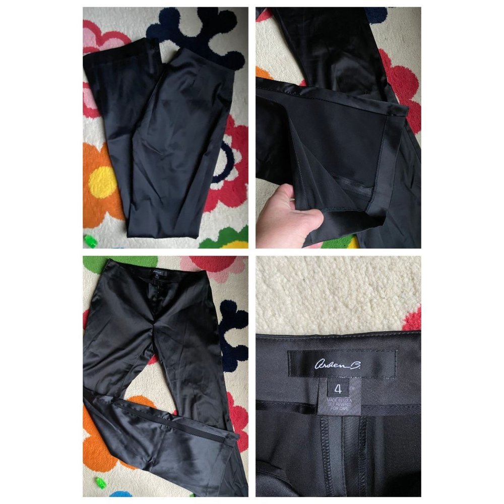 Arden B satinny black flat front flare bottom slacks that unzip halfway sz 4